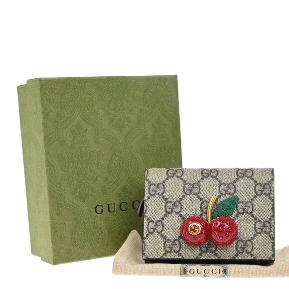 GUCCI Logo Cherry GG Pattern Compact Wallet Supreme Leather Brown 65EF797 - Picture 12 of 16
